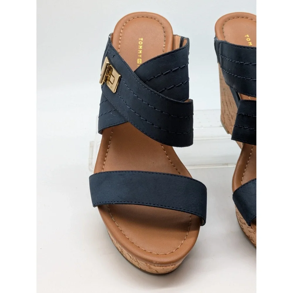 Tommy Hilfiger Womens 8.5M Navy Blue Cork Wedge Sandals Platform Gold Hardware
